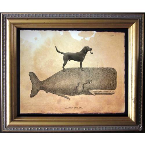 Black Labrador Retriever Lab Riding Whale – Vintage Collage Art Print on Tea-Stained Cotton Rag Paper | Dog Lover Wall Art