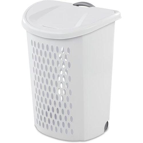 Wheeled Plastic Laundry Hamper,Ultra Wheeled Design Clothes Laundry Basket,Extra Large 135L Pull Handle & Side Grips Plastic Ventilated Clothes Basket for Home, Dorm, or Apartment
