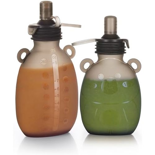 haakaa Happii Bear Silicone Goody Pouch Combo,Reusable Baby Food Pouches for Homemade Organic Purees, Juices, Smoothies, and Yogurt - Perfect for Toddlers and Kids - 2 Pack, 6oz+9oz