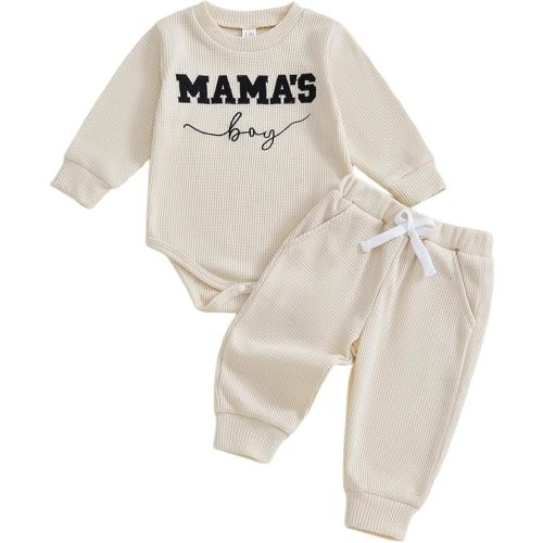 Kupretty Baby Boy Clothes 3 6 12 18 Months Fall Winter Outfit Mama's Boy Embroidery Waffle Long Sleeve Romper Pants Set