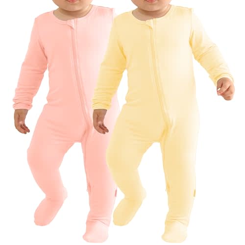 Ekkimy Baby Bamboo Rayon Romper Infant Footies Long Sleeve Double Zipper Outfits 2-Pack One-Piece Jumpsuits