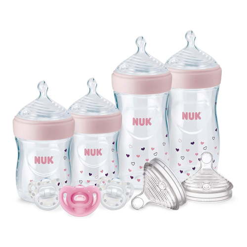 NUK SafeTemp Newborn Infant Feeding Set, Pink - 4 Bottles, 3 Pacifiers, 2 Replacement Nipples