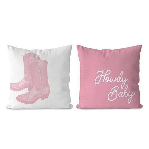 DOTAIN Western Howdy Pillows Pillow Covers 18x18,Pink Pillow Covers,Howdy Baby Cowgirl Boots Pillow Cover,Cowgirl Room Decor,Western Cowgirl Decor,Pink Room Dorm Decor,Set of 2