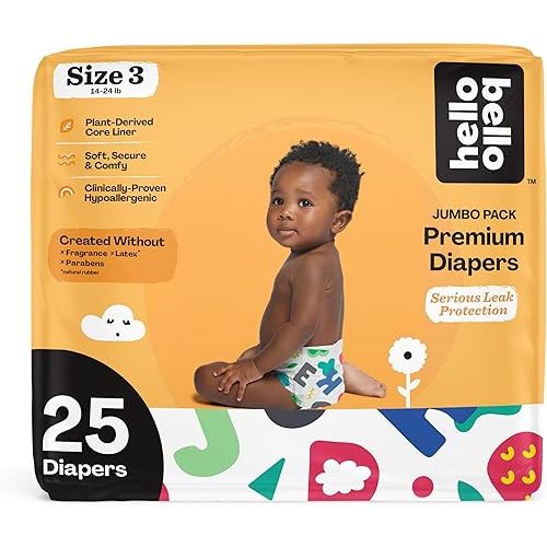 Hello Bello Premium Baby Diapers Size 3, 25 Count of Disposable, Extra-Absorbent, Hypoallergenic Baby Diapers with Snug and Comfort Fit, Alphabet Soup