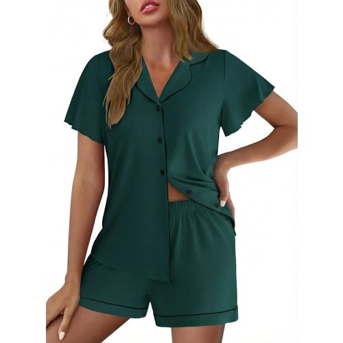 Ekouaer Pajamas for Women Set Button Up Pjs Short Sleeve Ruffle Sleepwear Notch Collar Bride Soft Pj Lounge Sets S-XXL