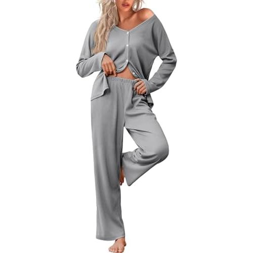 Ekouaer Womens Waffle Knit Pajamas Loungewear Two-piece Sleepwear Button-Down Pj Set with Pockets