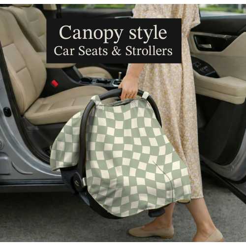 Baby Car Seat Canopy, Infant Car Seat Cover Shade, Stroller Sun Cover, Green Checkered Baby Cover Privacy Shield Minimal Design