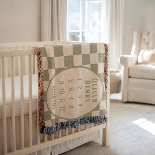 Personalized Baby Boy Milestone Blanket Custom Checkered Name Baby Blanket Baby Shower Gift for Newborn Boy Keepsake Classic Nursery Decor