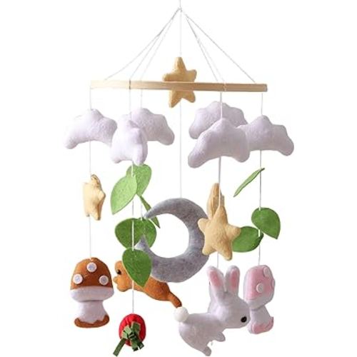 Handmade Forest Running Rabbit Baby Crib Mobile, Nursery Baby Room Ceiling Decoration Toy, Free Installation Adjustable Wooden Cotton Colorful Bassinet, Felt Mushroom Boy Girl Mobile
