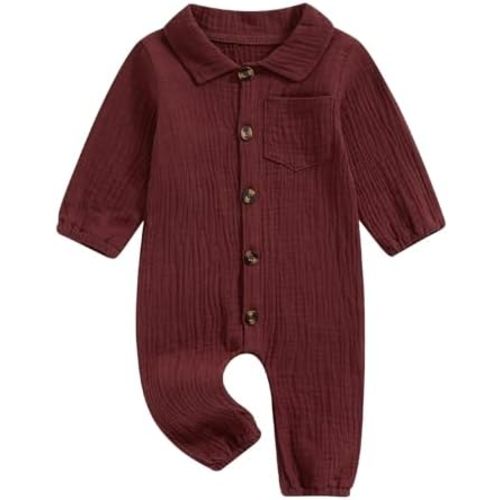 Baby Boy Girl Button Jumpsuit Solid Baptism Romper Long Sleeve Collared Shirt Bodysuit Cotton Linen Pocket Playsuit