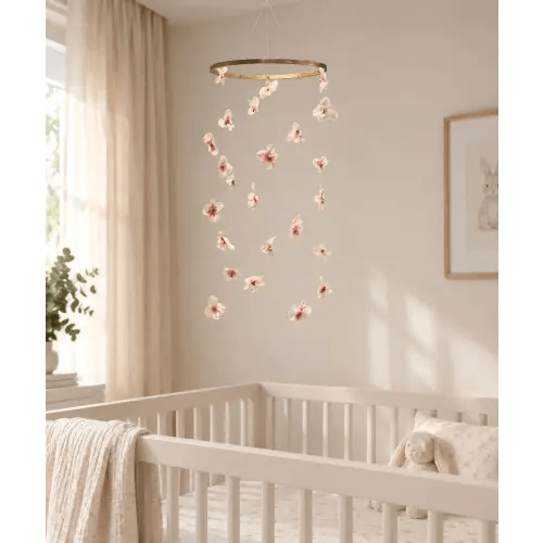 Mauve Blush Floral Baby Mobile, Cascading Silk Flowers, Garden Nursery Decor