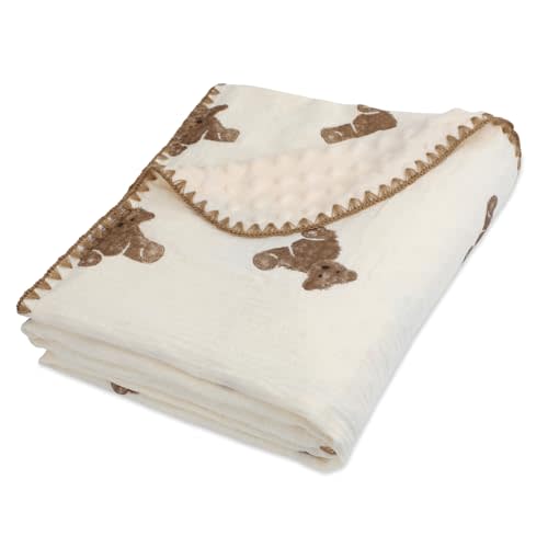 Baby Soft Double Muslin Thick Blanket Dotted Backing Cotton 40X55in Minky Blanket for Crib, Stroller, Travel, Decorative Shower Gifts Baby Essentials Girl&Boy (Teddy Bear)