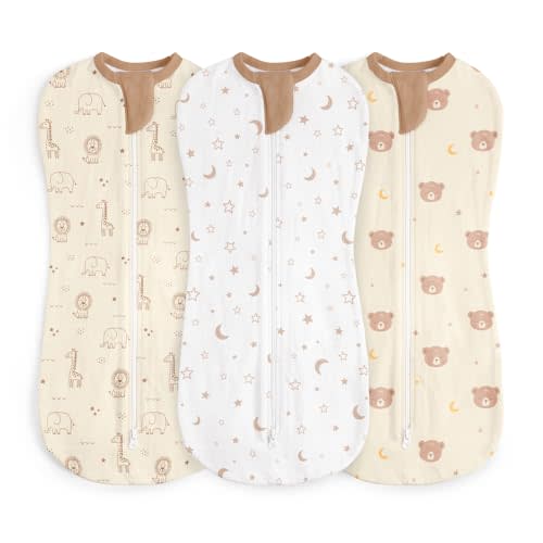 Baby Swaddle 0-2 Months, Cotton Arm-In Zipper Sleep Sack, Wearable Blankets Wrap for Newborn Infant Girls, Boys (Animal, Star Moon, Bear, Pack of 3)
