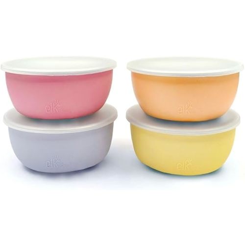 Elk and Friends Stainless Steel Bowls with Silicone Sleeve for Babies & Toddlers | Lids Included | Stay Put Suction | Cereal & Snack Bowls | 4 Pack