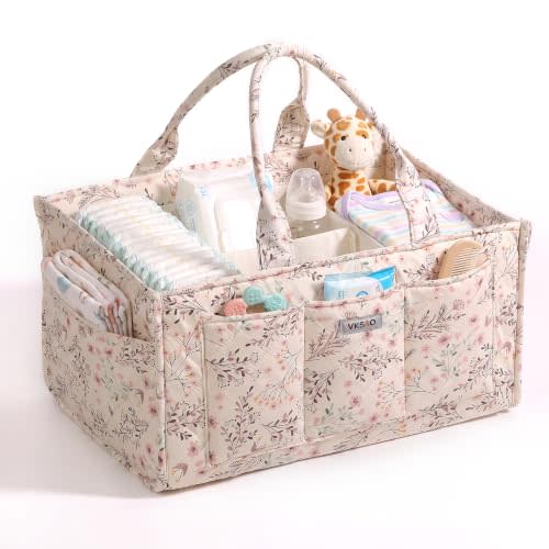 Large Floral Diaper Caddy Organizer Nursery Storage Basket, Gift for Baby Shower Diaper Bag Baby Registry Must Have Newborn Essentials, Beige Floral