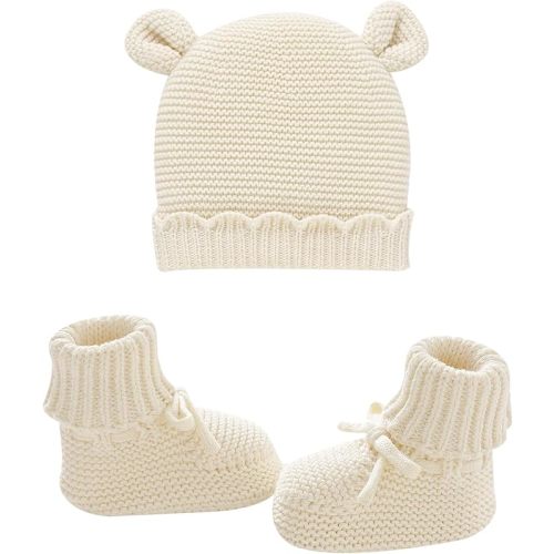 Hadetoto Cotton Baby Beanie and Booties Set Newborn Knit Sock Shoes Warm Winter Hat Cap for Infant Boy Girl