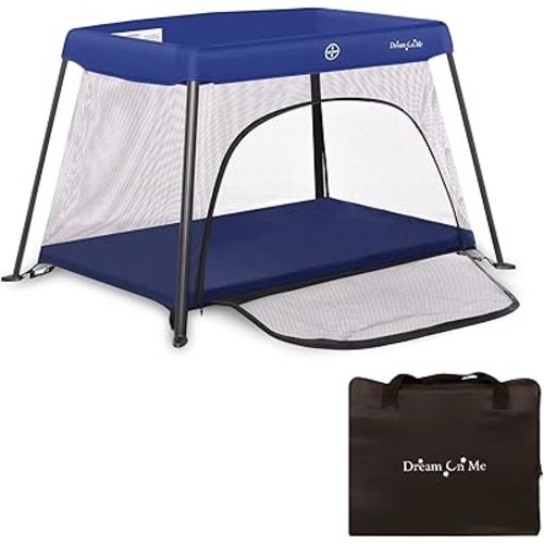 Dream On Me Travel Light Baby Playard with Zipper Access Door, Breathable Mesh Sides with Soft Comfortable Mattress, Easy Fold Design with Travel Carry Bag, Compact Space Saving Design - Navy