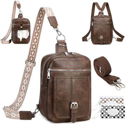 Sling Bag Crossbody Backpack - 2 in 1 Leather Cross Body Bag Fanny Pack with 2 Removable Straps