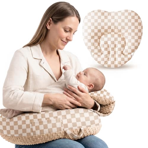 Konssy Nursing Pillow for Breastfeeding and Bottle Feeding, Safety Guard Baby Feeding Pillow, Gentle Incline, Waist Strap, Side Pocket for New Moms Home and Travel