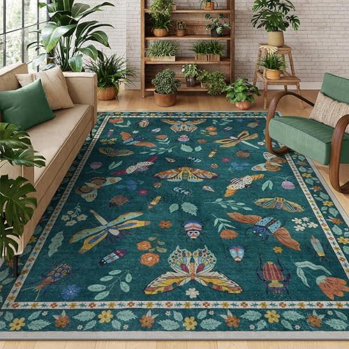 Lahome Insect Print 6x9 Area Rugs for Living Room, Soft Washable Rugs for Bedroom Ultra-Thin Non Slip Modern Rug, Throw Rug Carpet for Office Nursery Dining Room Vionnet(5'x7',Dark Green)