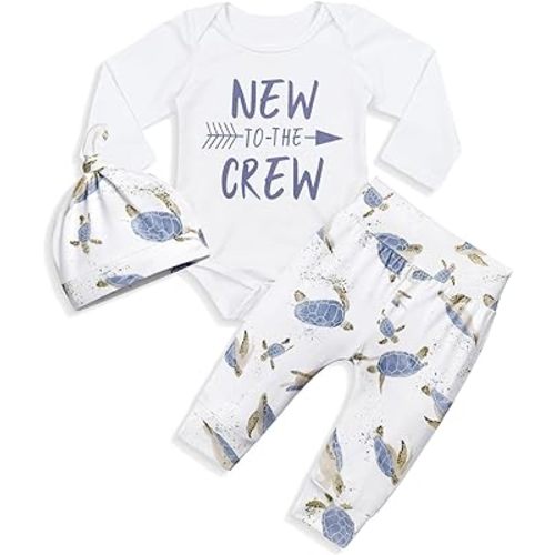 Fommy Newborn Baby Boy Clothes New to The Crew Letter Print Romper+ Pants+Hat 3PCS Outfit