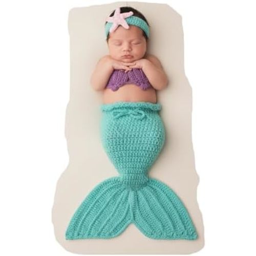 Newborn Mermaid Photography Props - Crochet Baby Photoshoot Outfit Set Infant Girl Photo Shoot Sessions
