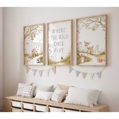 Where the Wild Ones Play Prints, Gender Neutral Nursery Art, Woodland Forest Animals, Enchanted and Whimsical