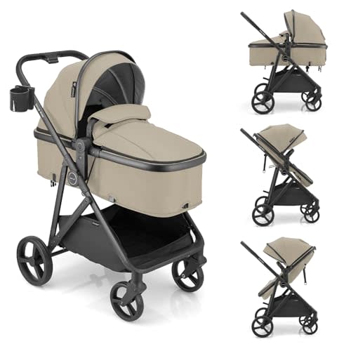 Gromast 3-in-1 Baby Stroller, Convertible Stroller for Newborn Infant Toddler with Reversible Seat, UPF 50+ Canopy & Cup Holder - Khaki