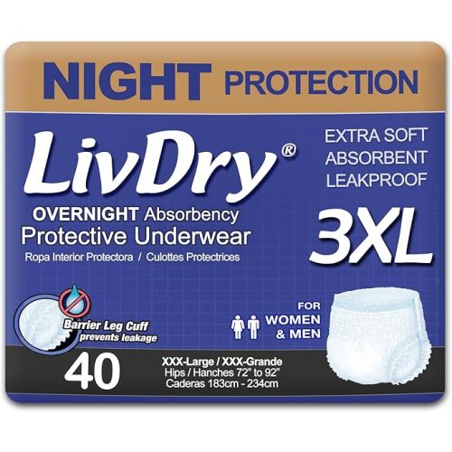 LivDry Overnight Adult Diapers for Women and Men, XXXL Incontinence Underwear, 72”-92" Waist, Disposable Pull-On Briefs, XXX-Large, 40 Count