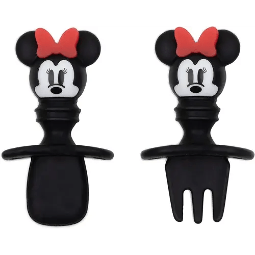 Bumkins Disney Baby Utensils Set, Chewtensils Silicone Spoons for Dipping, Self-Feeding, Baby Led Weaning, Trainer Learning, First Stage Eating, Soft Fork and Spoon, Babies 6 Months, Minnie Mouse