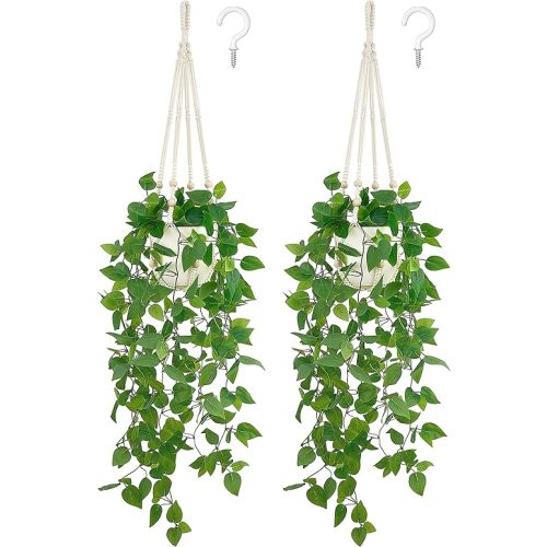Mkono 2 Packs Fake Hanging Plant with Pot, Artificial Plants Macrame Plant Hanger Fake Vine Greenery for Bedroom Bathroom Home Office Decor