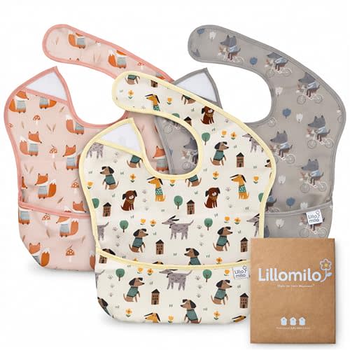 Waterproof Baby Bibs for Eating 3-Pack | Toddler Bibs with Food Catcher | Machine Washable Bibs, Lightweight | Infants & Toddlers 6-36 Month, CPSIA Tested, Animal Design (White, Pink, Grey)