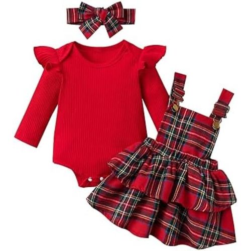 Sasaerucure Baby Girl Christmas Romper with Suspender Skirt Red Plaid 2Pcs
