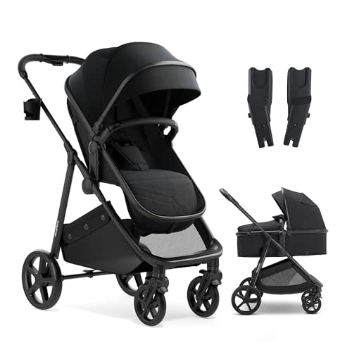 Mompush Wiz 2-in-1 Bassinet Stroller with Car Seat Adapter, Reversible Seat | One-hand fold, newborn to toddler, UPF 50+ canopy, large storage basket, cup holder included