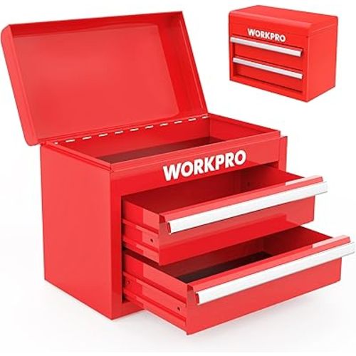 WORKPRO Mini Metal Tool Box with 2 Drawers and Top Storage, Small Tool Chest with PVC Liners and PP Feet Pads, Cold Rolled Steel Toolbox with Magnetic Tab