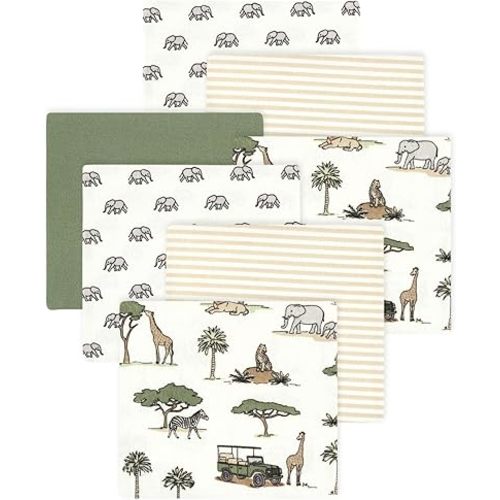 Little Treasure Hudson Baby Cotton Poly Flannel Receiving Blankets Multipack, Green Going On Safari, 30x30 inches