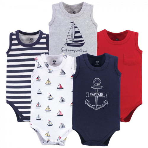 Hudson Baby Infant Boy Cotton Sleeveless Bodysuits 5pk, Captain, 0-3 Months