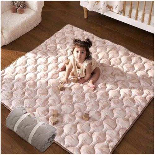 Momcozy Baby Play Mat for Floor, 50x50 Thickened Playpen Mat, Playmate for Baby Tummy Time, Waterproof & Non-Slip, Foldable Outdoor Mat with Carrying Handle, Leopard Heart