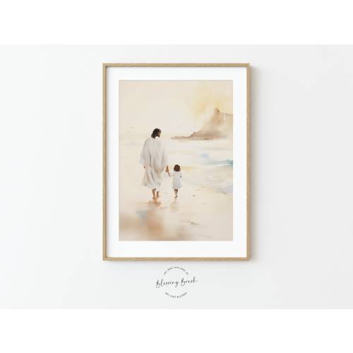 Jesus Loves Me Loves You Loves Little Children Watercolor Painting Jesus Walks With Me By The Sea Christian Bible Wall Art Jesus And Child
