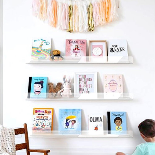 RORKIM 24 inches Wall Mounted Kids Bookshelf, Clear Acrylic Display Book Shelves for Kids Room Nursery Toddler Classroom 2 Packs