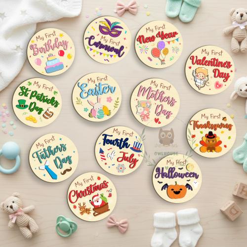 My First Holiday Wooden Disc Set For Babies Seasonal Event Markers Newborn First Moments Festive Milestone Cards Cute Keepsake Gift Set
