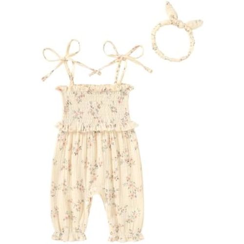 YOUNGER TREE Newborn Baby Girl Clothes Summer Sleeveless Smocked Romper with Headband Toddler Jumpsuit Outfits