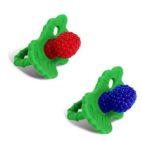 RaZbaby RaZberry Silicone Teether Pacifier – Teething Relief for Infants, Food-Grade, BPA-Free, Hands-Free, Natural Berrybumps Fruit Texture for Sensory Development, Freezable, 2-Pack - Red & Blue