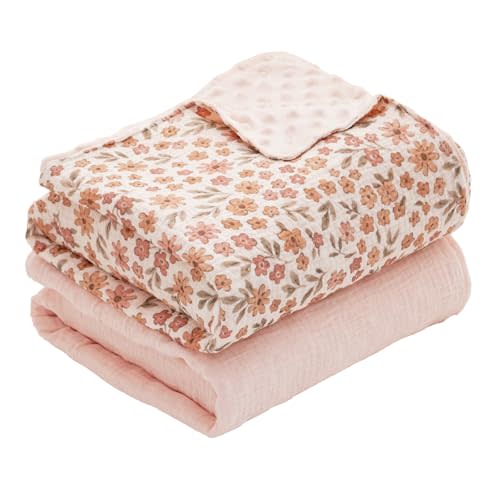 2 Pack Minky Baby Blankets,Super Soft Receiving Blankets with Muslin Cotton Front & Dotted Fleece Backing,39x29.5 Inches,Printed Bed Throws Newborn(Florals)