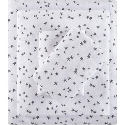 Intelligent Design Cozy Soft 100% Cotton Flannel Print Animals Stars Cute Warm, Ultra Soft Cold Weather Sheet Set Bedding, Full, Grey Stars 4 Piece