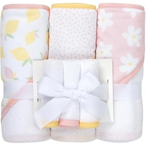 Jessica Simpson Baby 6-Piece Hooded Towel & Washcloth Set – Soft Polyester Bath Towels – Pink Stars & Hearts Design (Lemons & Floral)