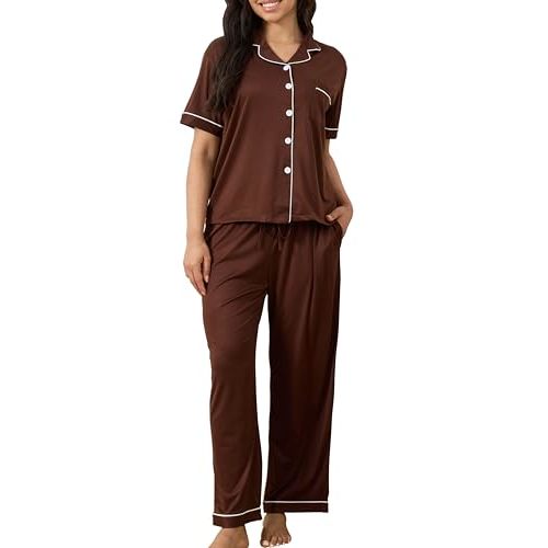 Vopmocld Women Button Down Pajamas Solid Color Sleepwear Short Long S-2XL | Women Classic Button Up Pajama Pants Sets, 2pcs Summer Bridal PJS, 95% Polyester, 5% Spandex Soft Cozy Sleepwear with Pockets