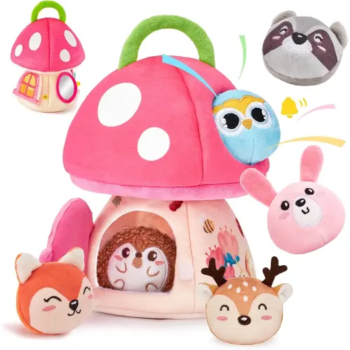 hahaland Baby Toys 6-12 Months - Montessori Toys for 6 Month Old Girl, My First Mushroom House with Stuffed Jungle Animals, Rattle, Crinkle Paper, Mirror, Sensory Toddler Toy for 1 Year Old Girl Gifts