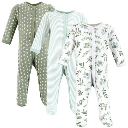 Hudson Baby Infant Girls Cotton Sleep and Play 3-Pack, Eucalyptus, 6-9 Months