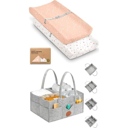 KeaBabies 2-Pack Changing Pad Covers for Girl, Boy and Baby Diaper Caddy Organizer - 100% Cotton Changing Table Pad Cover - Large Baby Organizer for Nursery